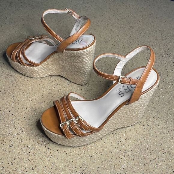 KORS Cognac Leather Jute Wrapped Platform Wedge Sandals 10 - Picture 2 of 11